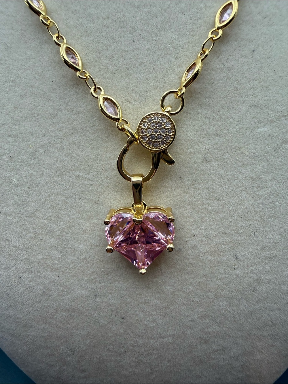 Adina Eden Gold and pink Necklace with Pink Heart crystal pendant